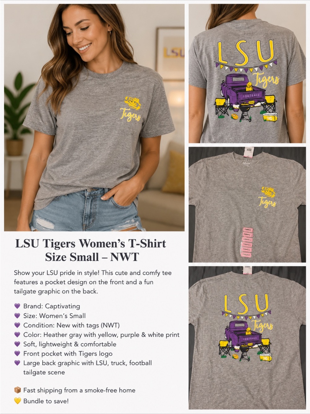 LSU Tigers Women’s size Small Heather Gray Front Pocket Graphic T-Shirt NWT
